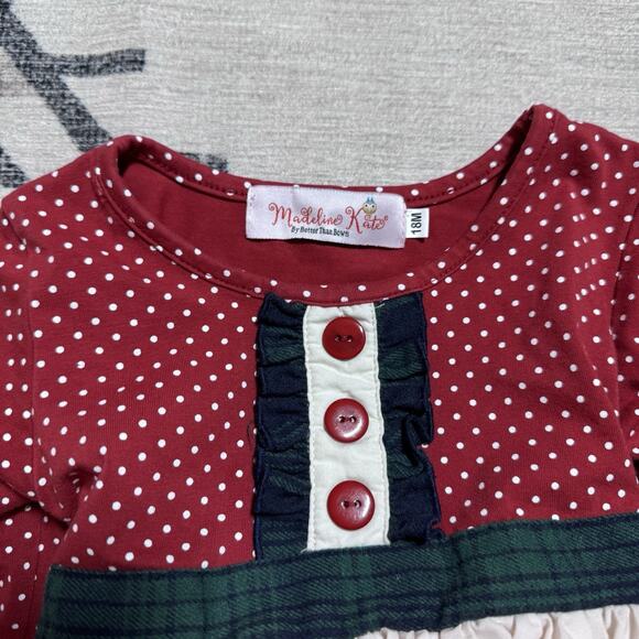 Baby Girl 18 Mo Christmas Scene Dress Cotton Plaid Sash Buttons Ruffle Snowman - Picture 5 of 8